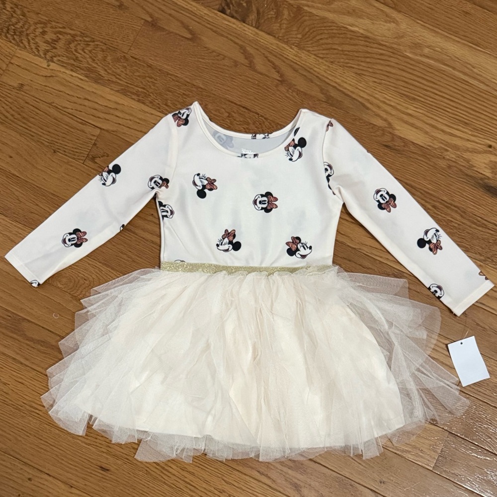 NWT Disney Minnie Mouse Toddler Girls Cream Tulle Long Sleeve Dress 2T